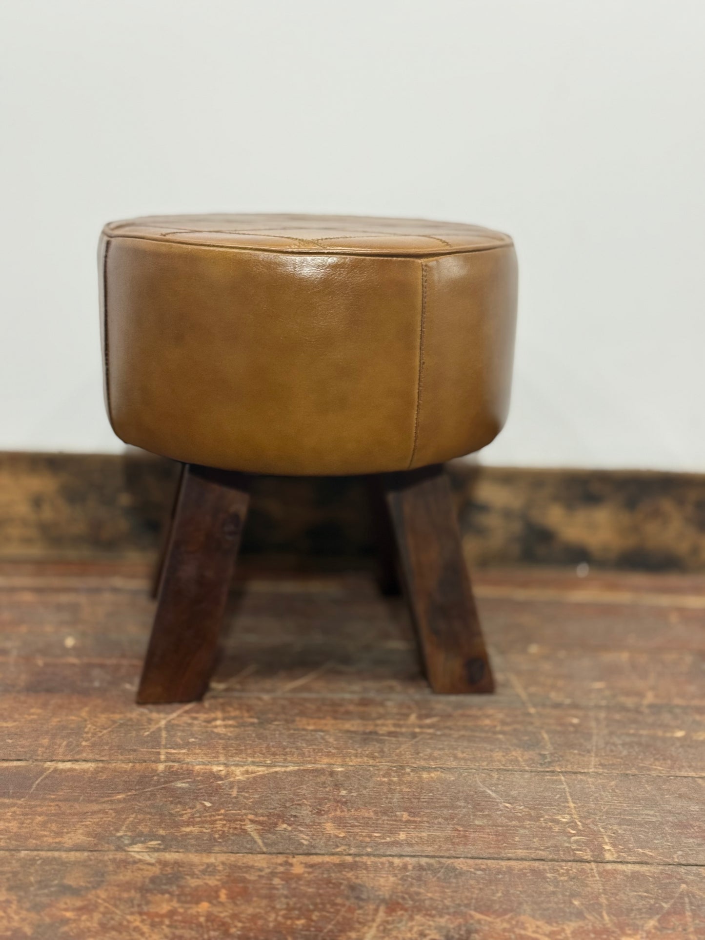 Tan Leather Round Stool/Footstool/Quilted Top/Wooden Legs