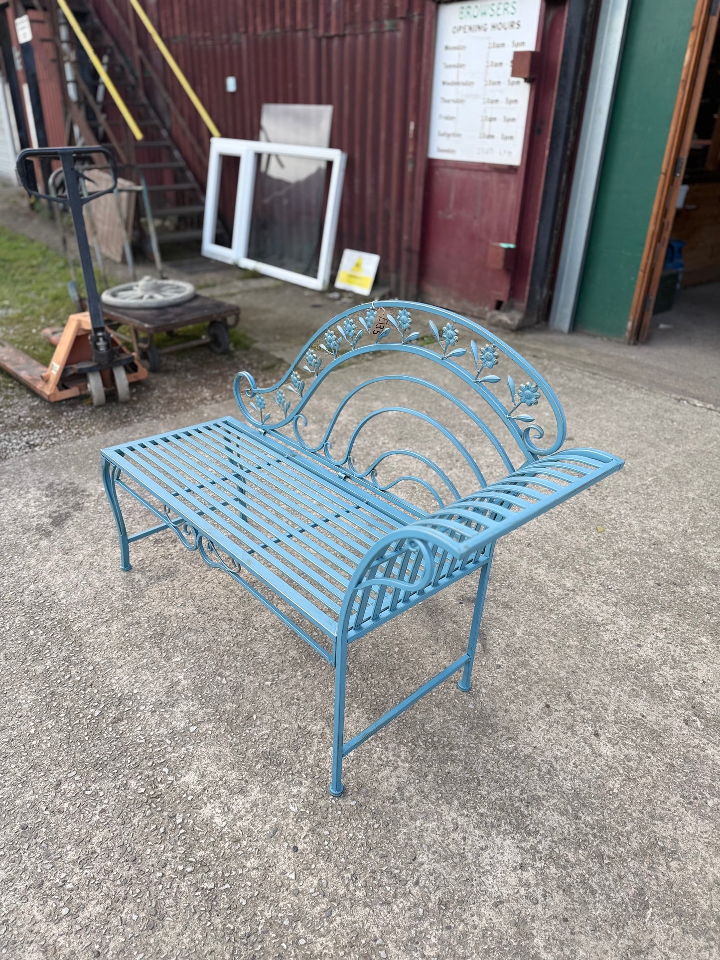 Brand New Ornate Blue Metal Garden Bench Outdoor Patio Seat Floral Scrollwork