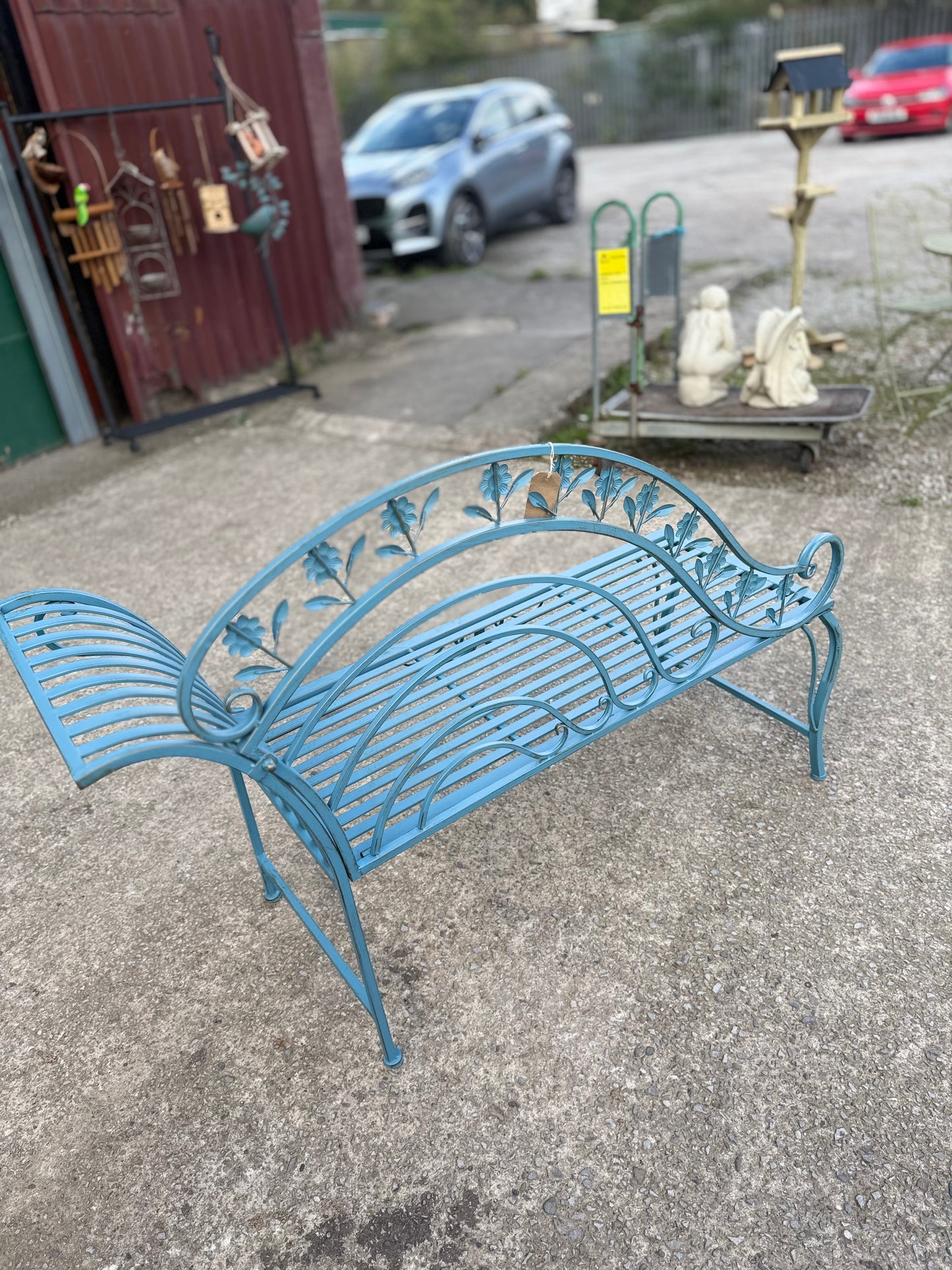 Brand New Ornate Blue Metal Garden Bench Outdoor Patio Seat Floral Scrollwork