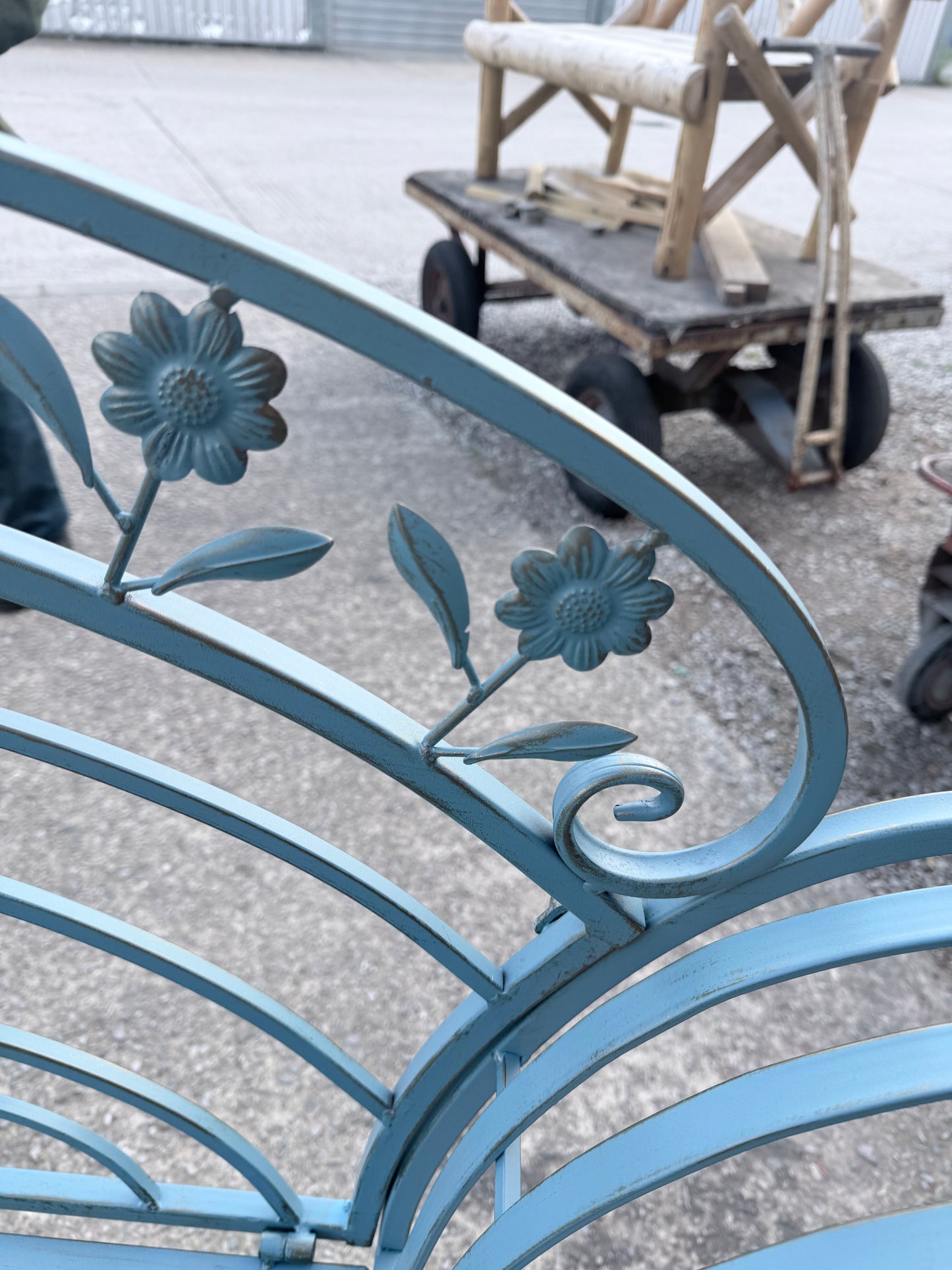 Brand New Ornate Blue Metal Garden Bench Outdoor Patio Seat Floral Scrollwork
