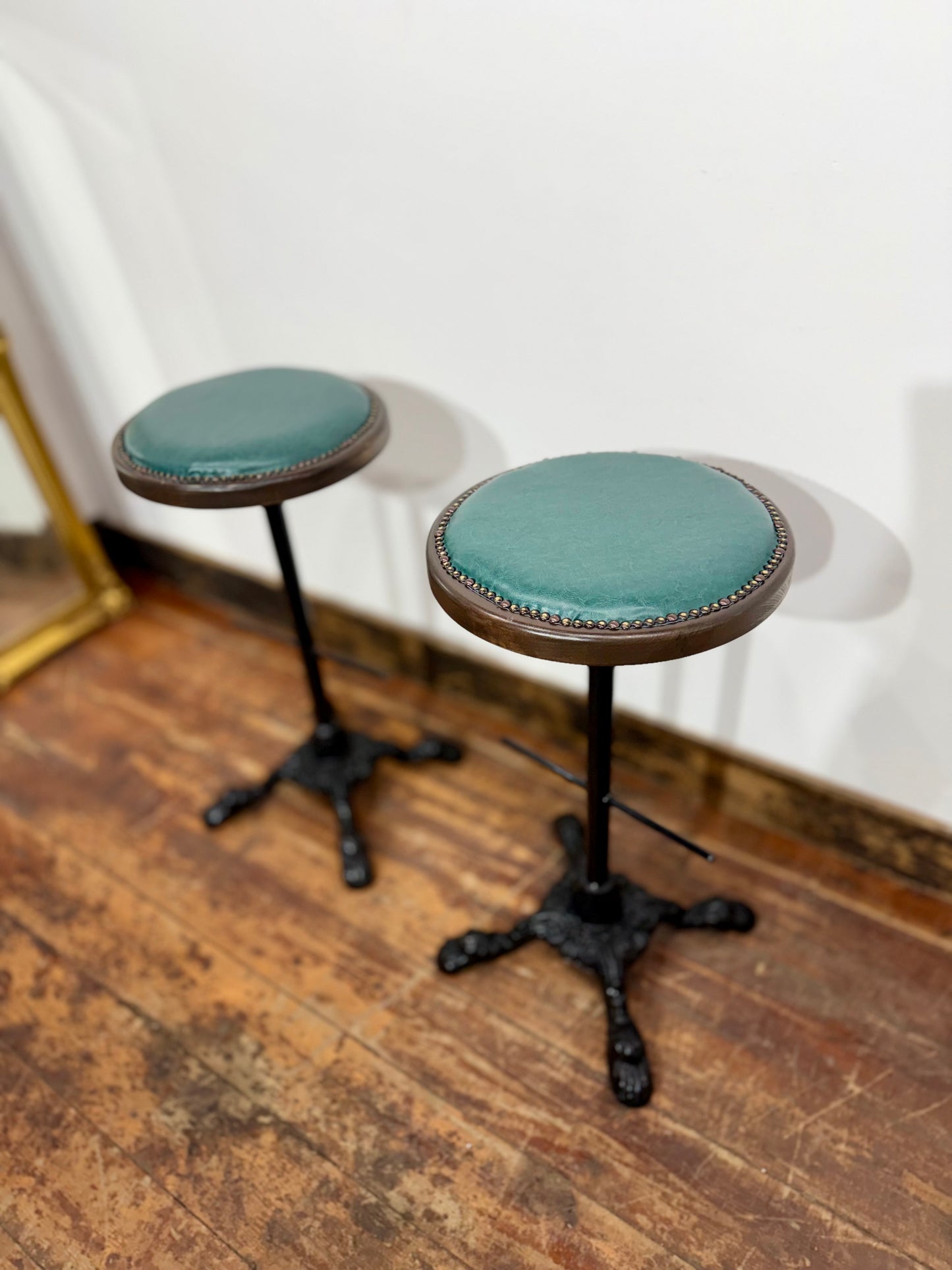 Pair of Turquoise Leather Bar Stools/Brass Stud Detail/Cast Iron Base