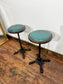 Pair of Turquoise Leather Bar Stools/Brass Stud Detail/Cast Iron Base