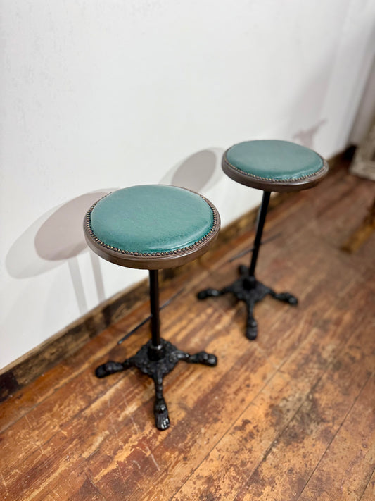 Pair of Turquoise Leather Bar Stools/Brass Stud Detail/Cast Iron Base