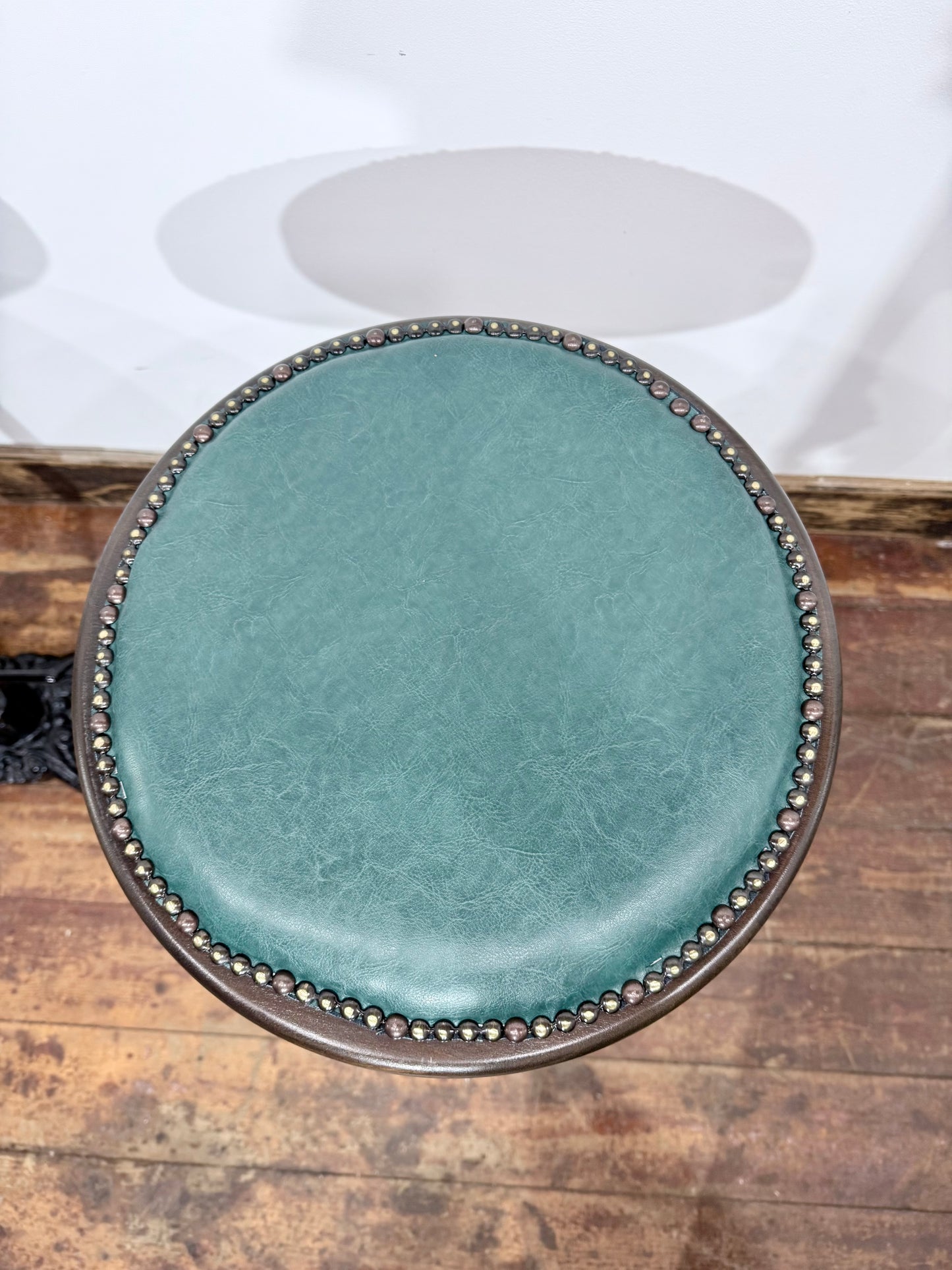 Pair of Turquoise Leather Bar Stools/Brass Stud Detail/Cast Iron Base