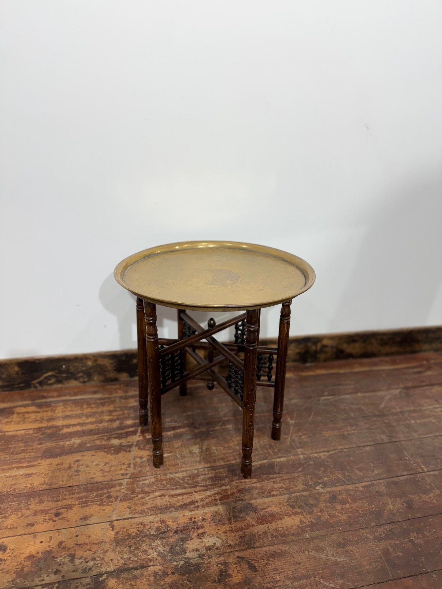 Antique Style Carved Wooden Occasional Table Brass Gallery Tray Top