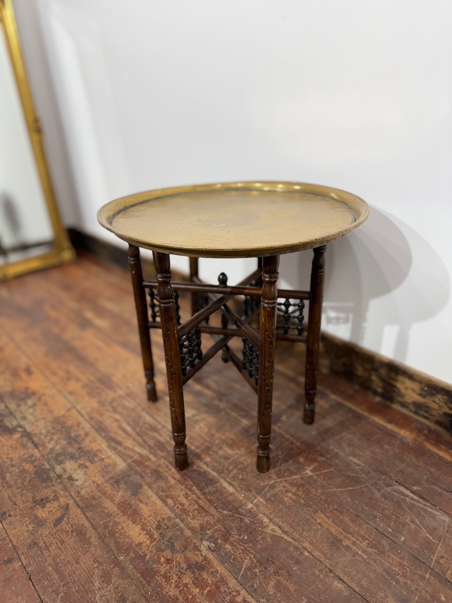 Antique Style Carved Wooden Occasional Table Brass Gallery Tray Top