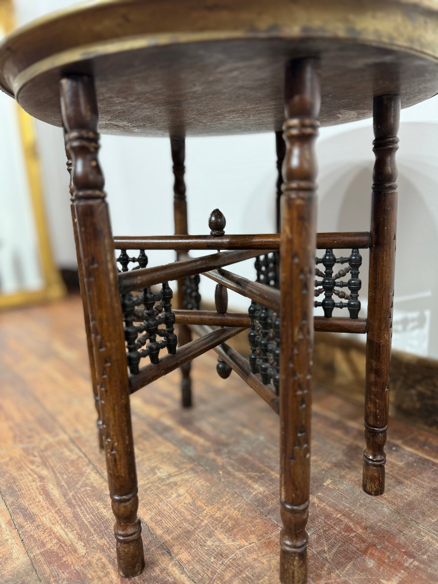 Antique Style Carved Wooden Occasional Table Brass Gallery Tray Top