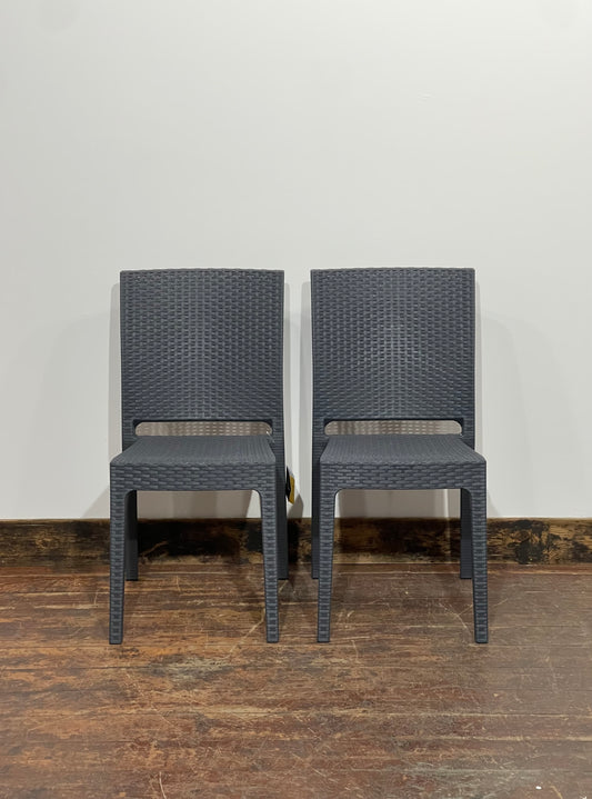 Pair of stackable outdoor pub / bar / cafe chairs in grey (no armrests)