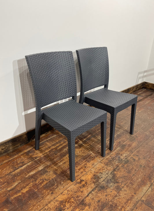 Pair of stackable outdoor pub / bar / cafe chairs in grey (no armrests)