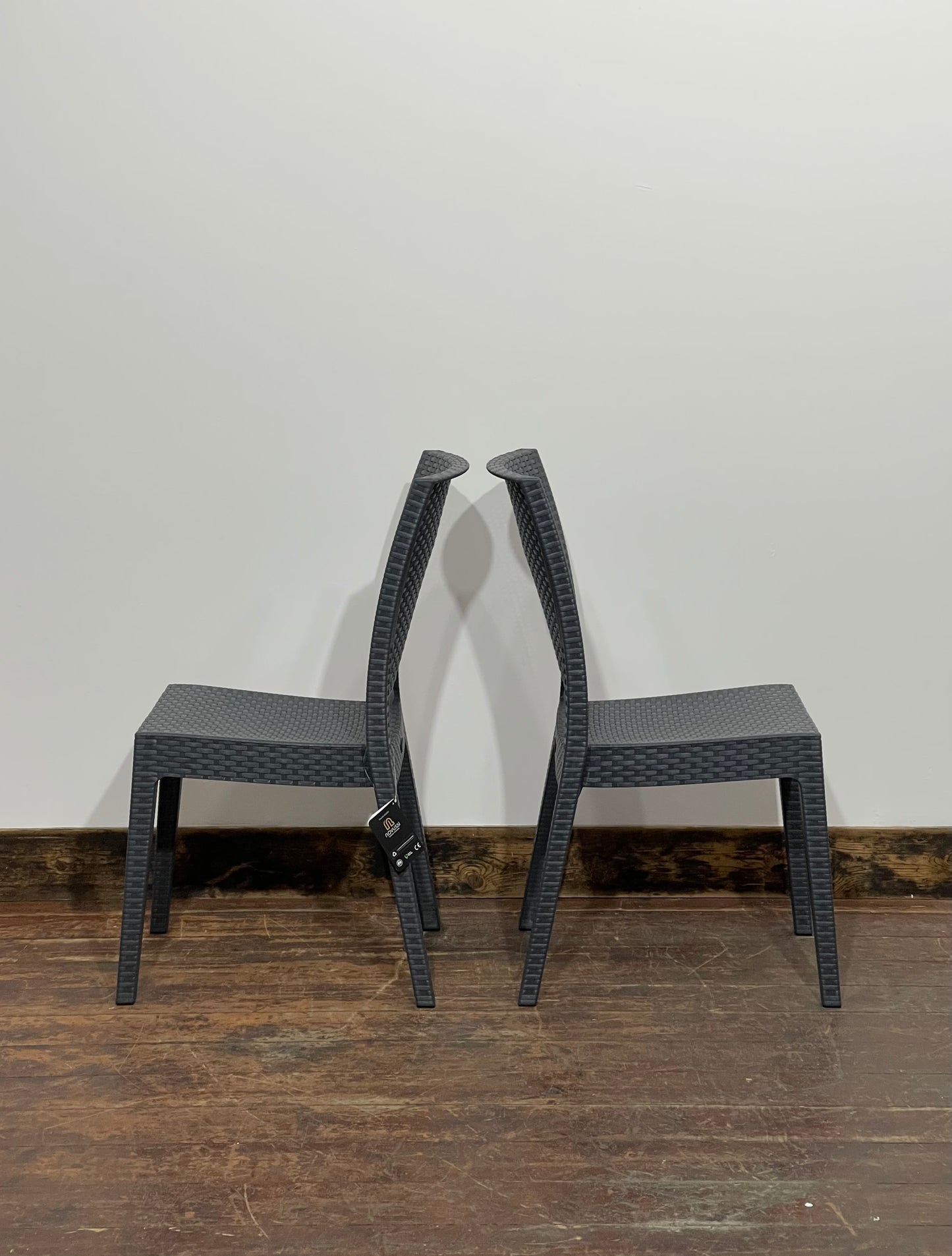 Pair of stackable outdoor pub / bar / cafe chairs in grey (no armrests)