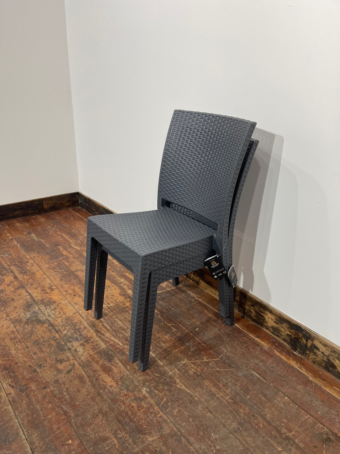 Pair of stackable outdoor pub / bar / cafe chairs in grey (no armrests)