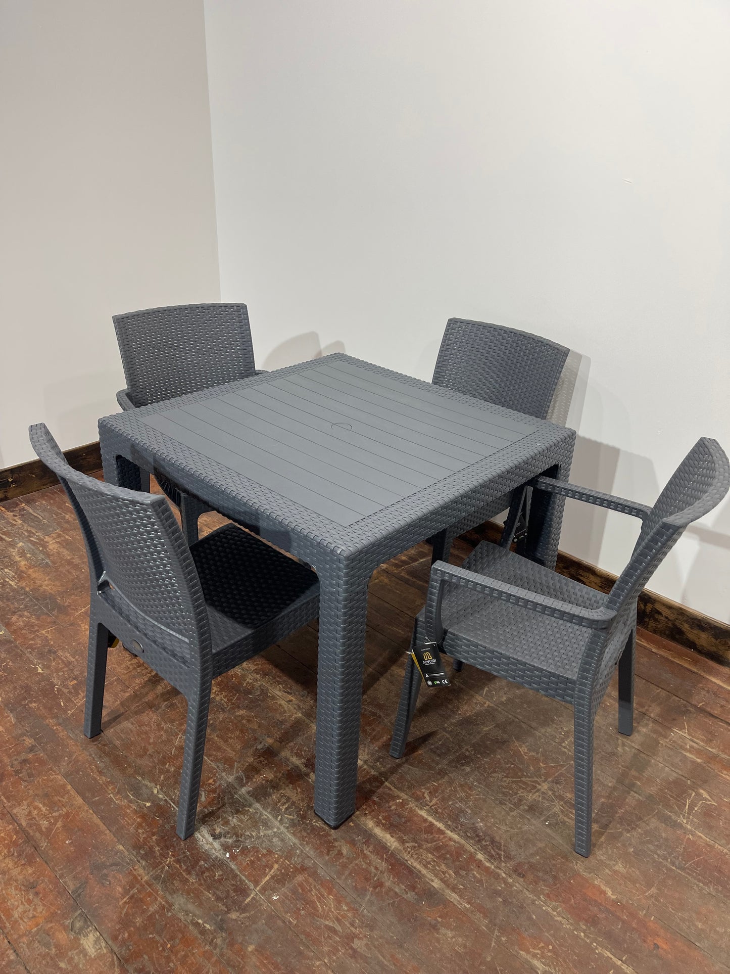 Pair of stackable outdoor pub / bar / cafe chairs in grey (no armrests)
