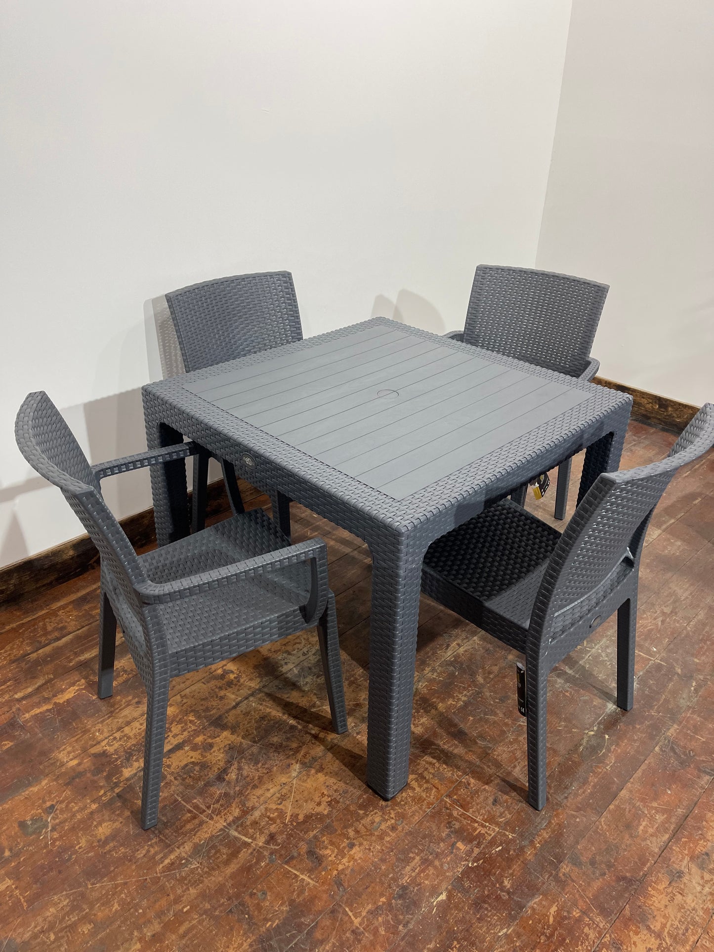 Pair of stackable outdoor pub / bar / cafe chairs in grey (no armrests)
