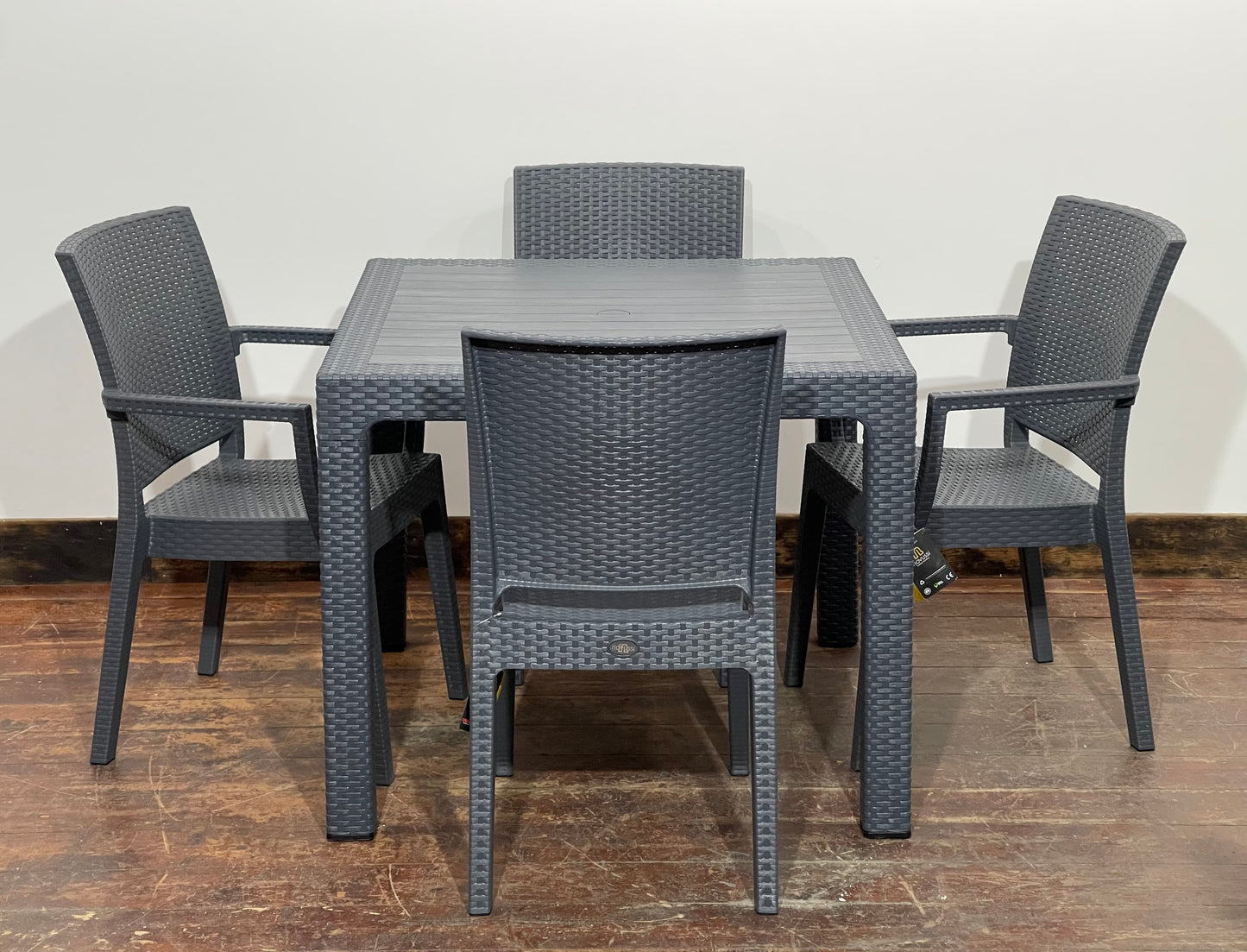 Pair of stackable outdoor pub / bar / cafe chairs in grey (no armrests)