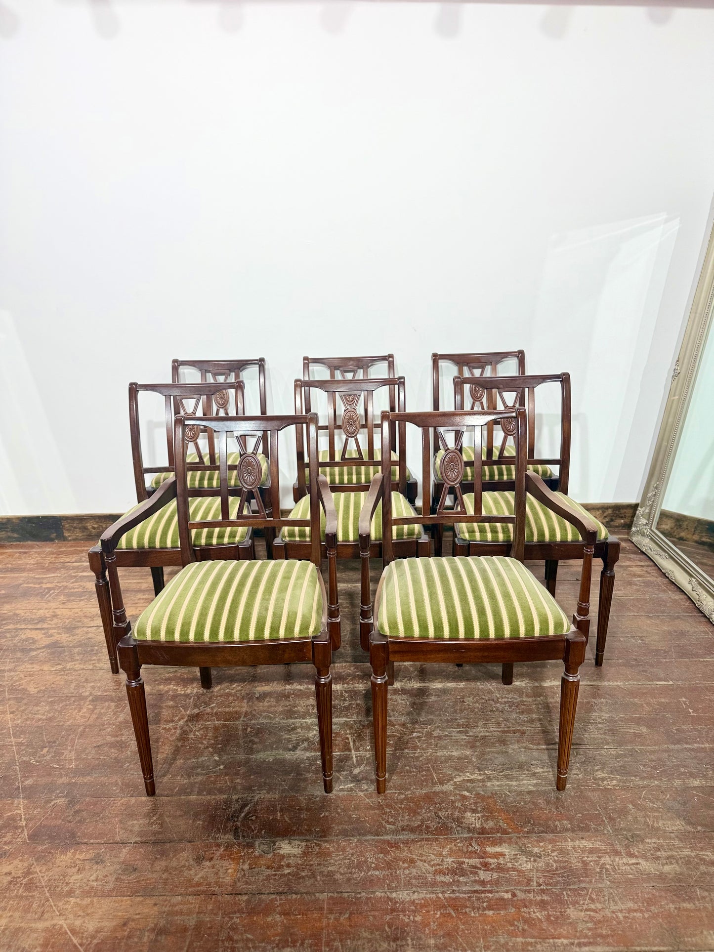 Set of 8 Dark Oak Dining Chairs/Green Striped Upholstery/6 Chairs 2 Armchairs