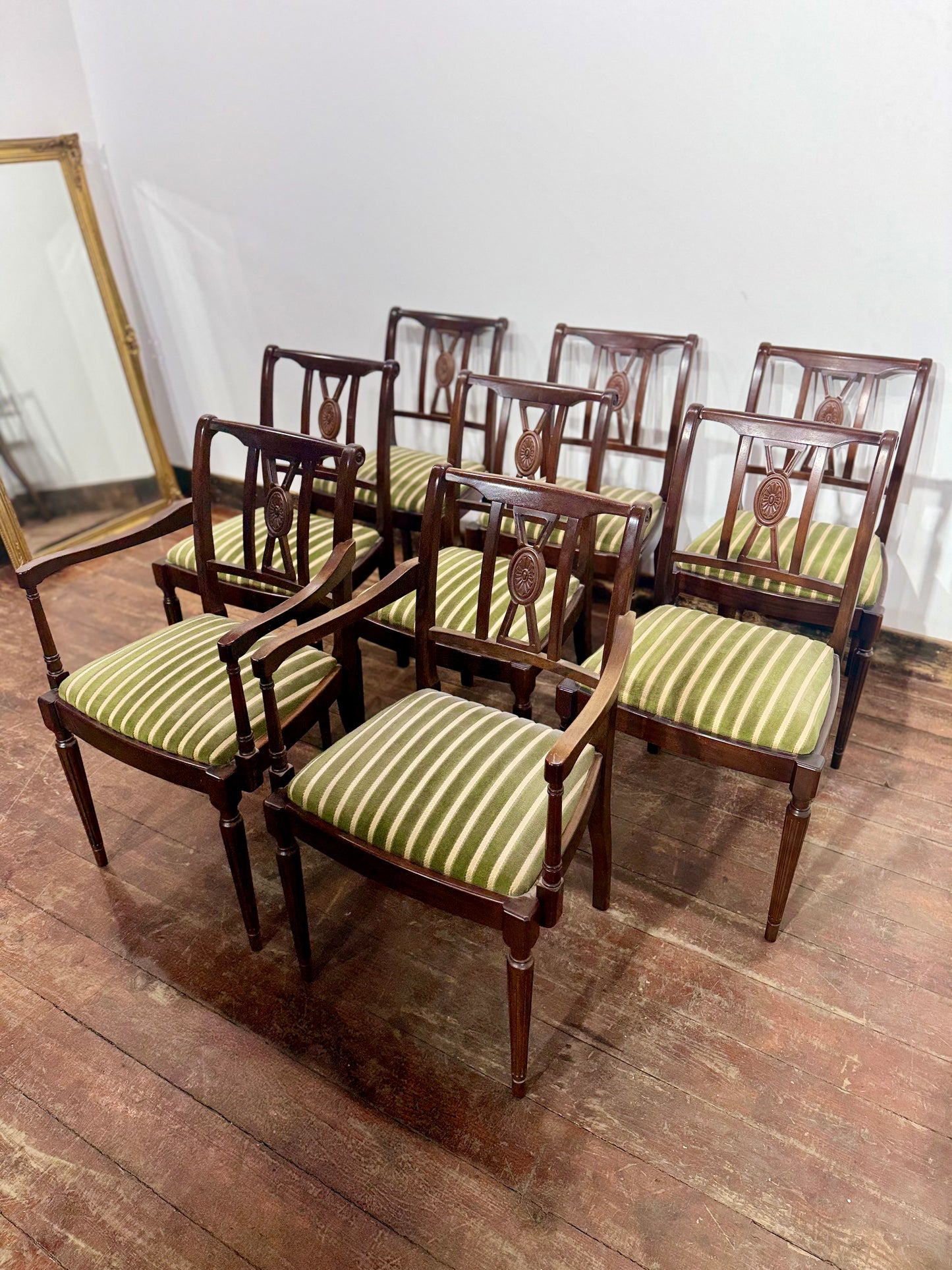 Set of 8 Dark Oak Dining Chairs/Green Striped Upholstery/6 Chairs 2 Armchairs
