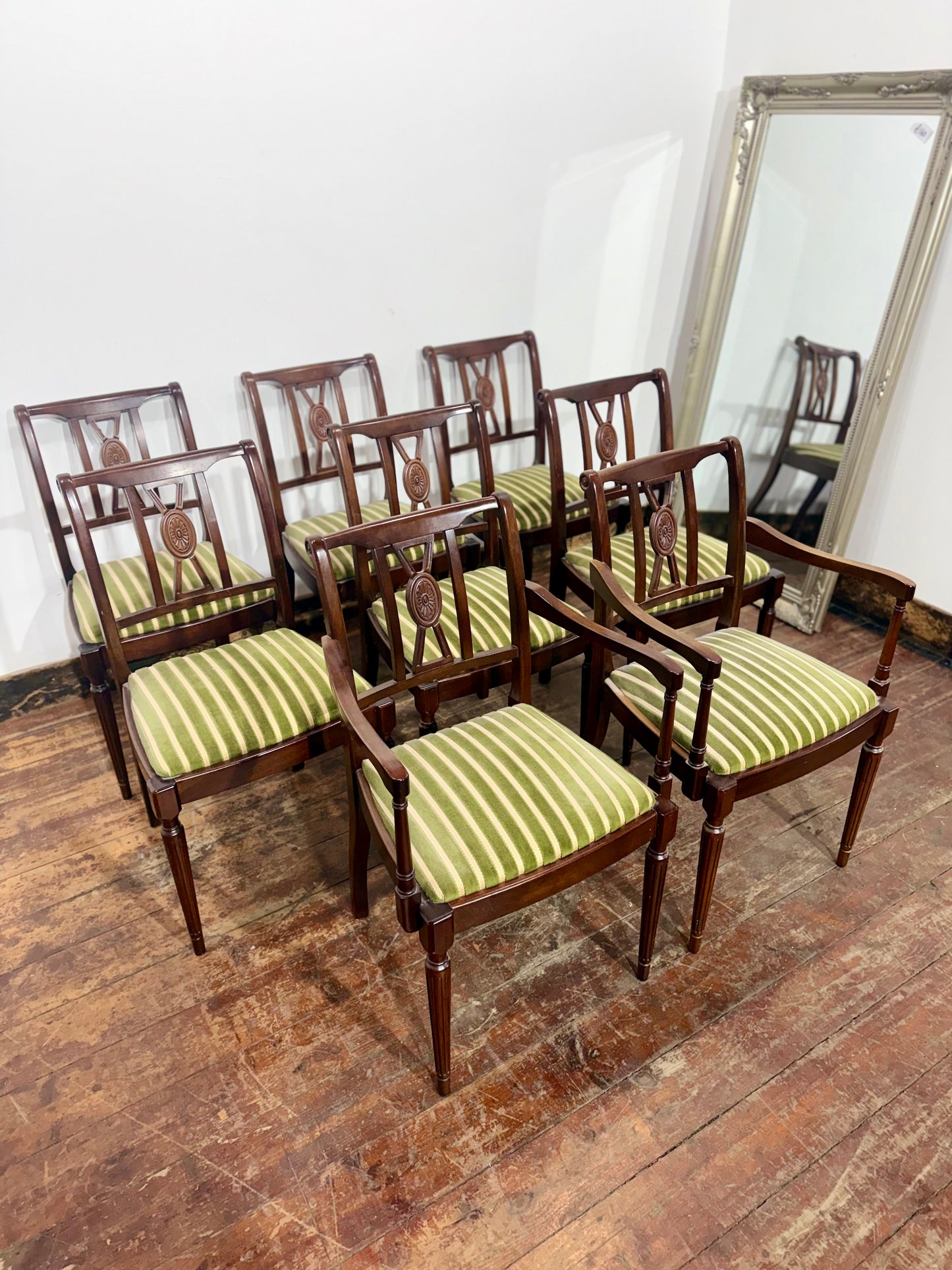 Set of 8 Dark Oak Dining Chairs/Green Striped Upholstery/6 Chairs 2 Armchairs