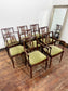 Set of 8 Dark Oak Dining Chairs/Green Striped Upholstery/6 Chairs 2 Armchairs