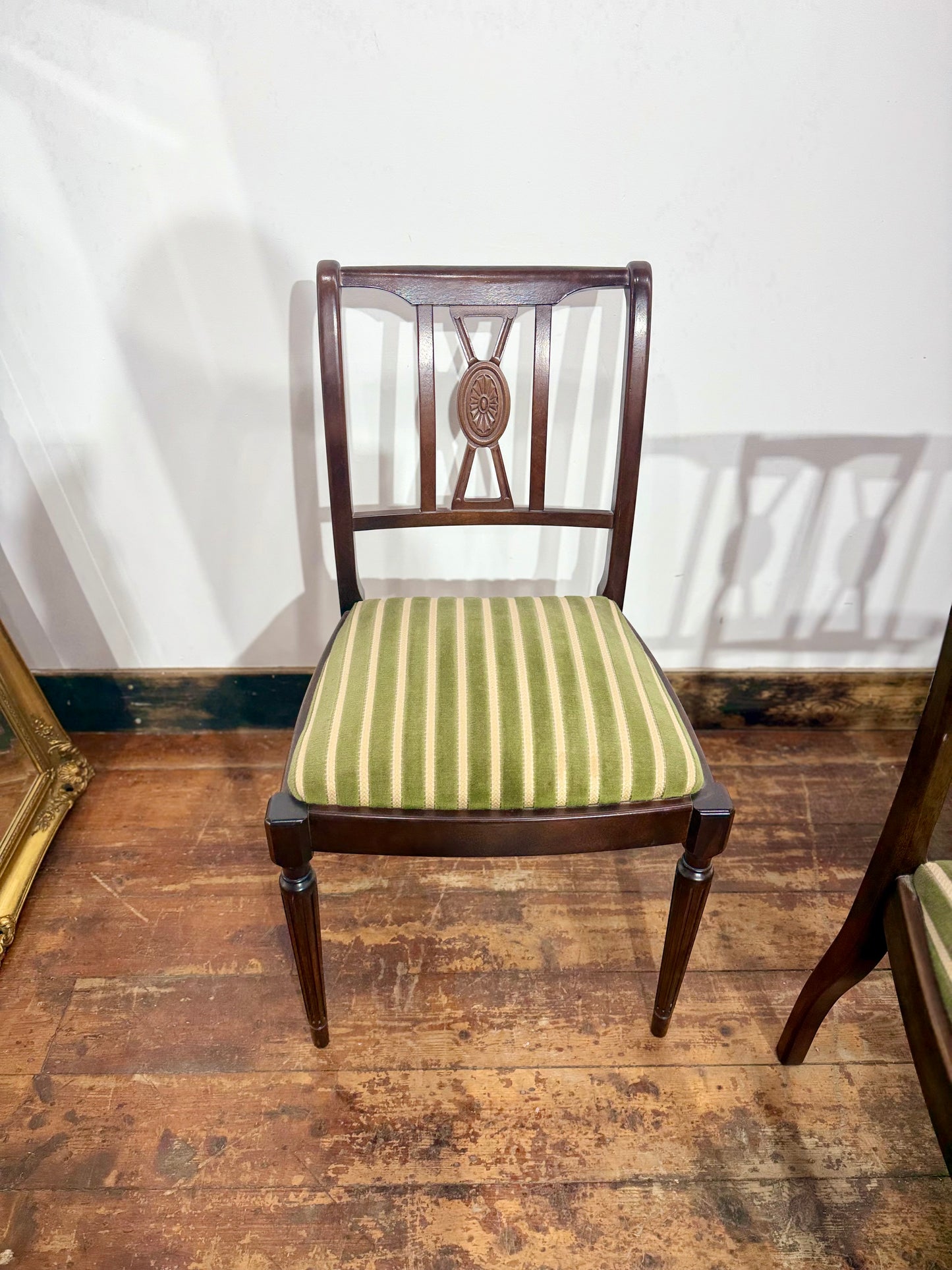 Set of 8 Dark Oak Dining Chairs/Green Striped Upholstery/6 Chairs 2 Armchairs