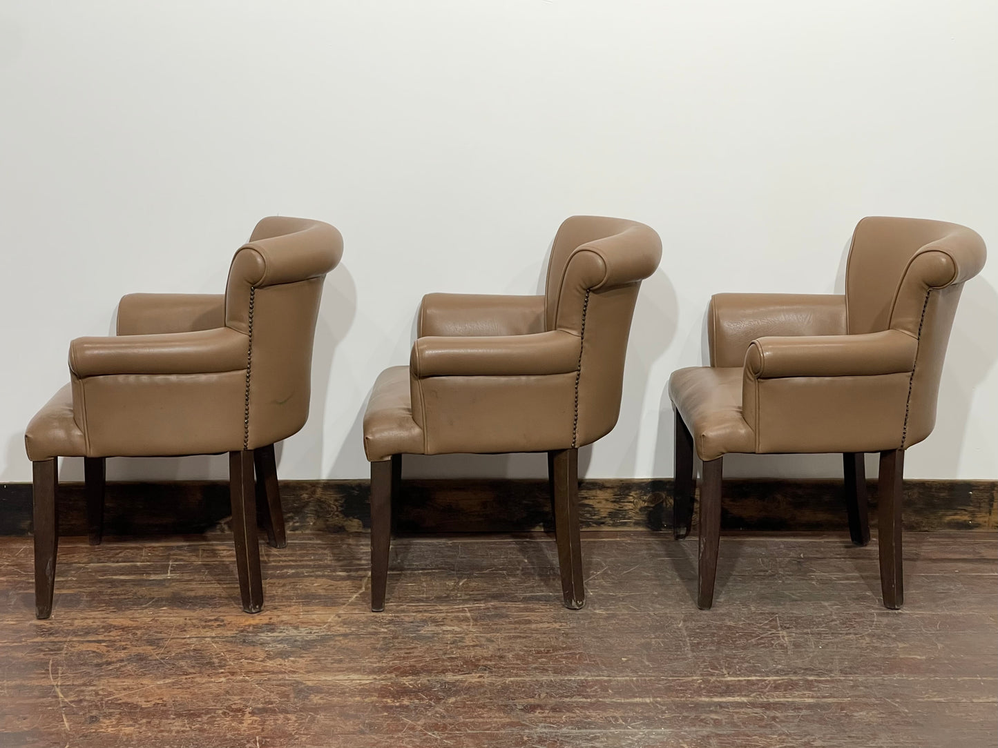 Set of 3 matching dining chairs in light brown faux-leather