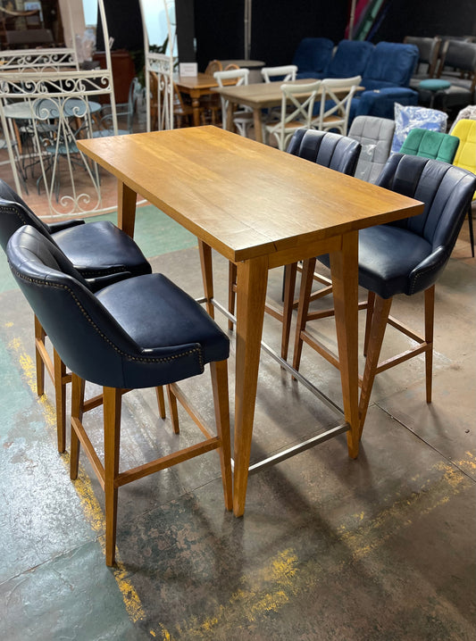 SPRING SALE! Set of 4 x blue faux-leather bar stools with poseur table