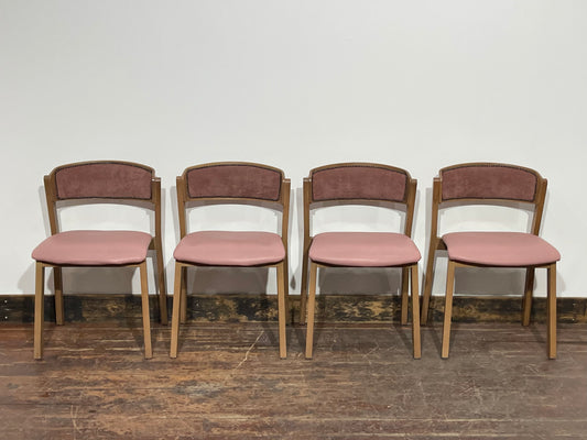 Set of 4 matching pale pink dining chairs in light wood