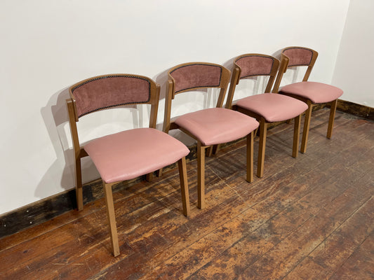 Set of 4 matching pale pink dining chairs in light wood