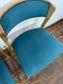 Set of 5 matching dining chairs in light wood with teal / light blue fabric