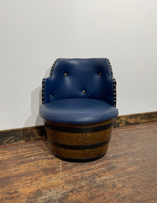 Vintage / retro pub seat in blue leather made from whisky barrel
