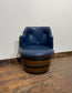 Vintage / retro pub seat in blue leather made from whisky barrel