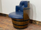 Vintage / retro pub seat in blue leather made from whisky barrel