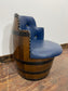 Vintage / retro pub seat in blue leather made from whisky barrel