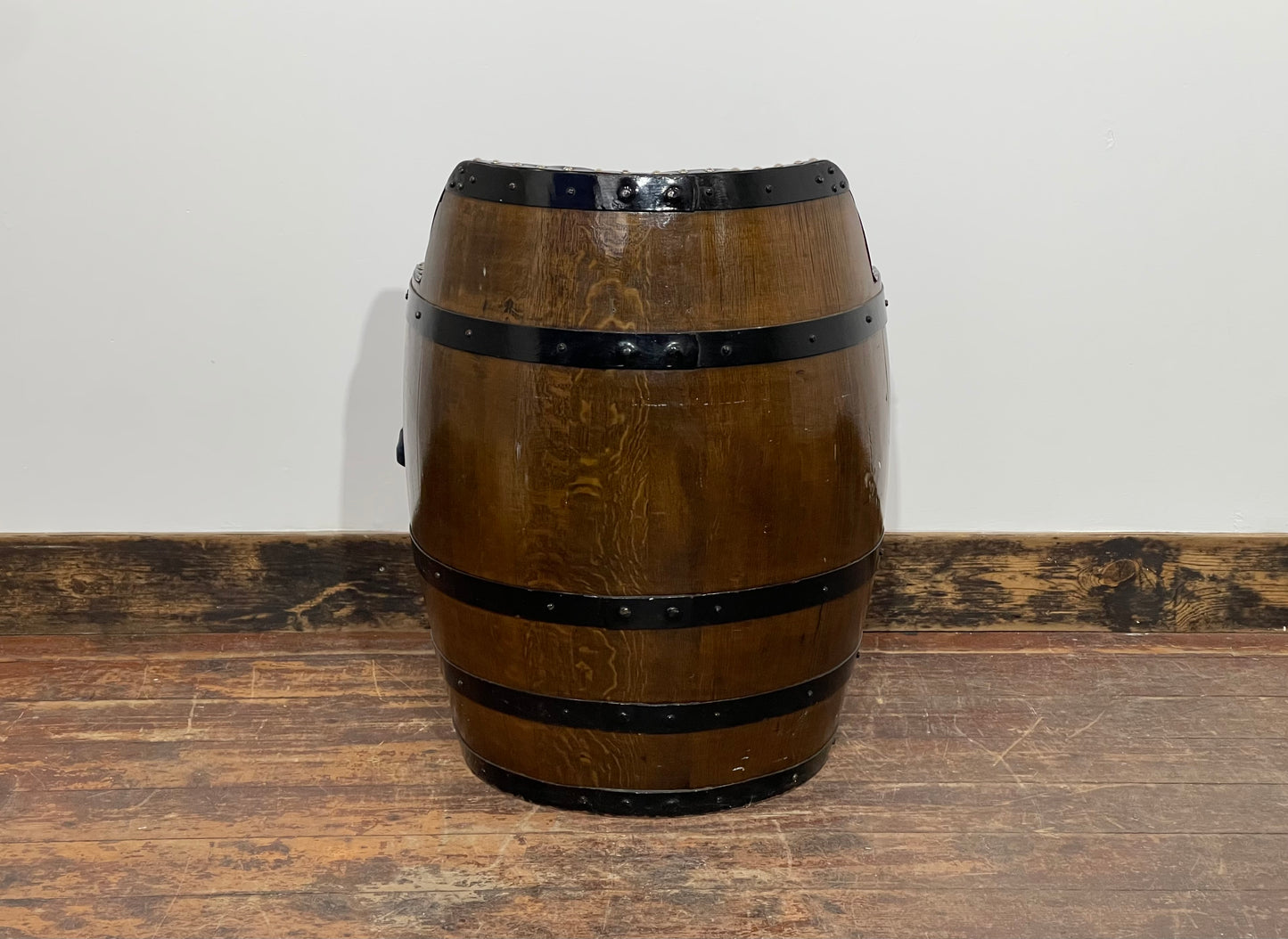 Vintage / retro pub seat in blue leather made from whisky barrel