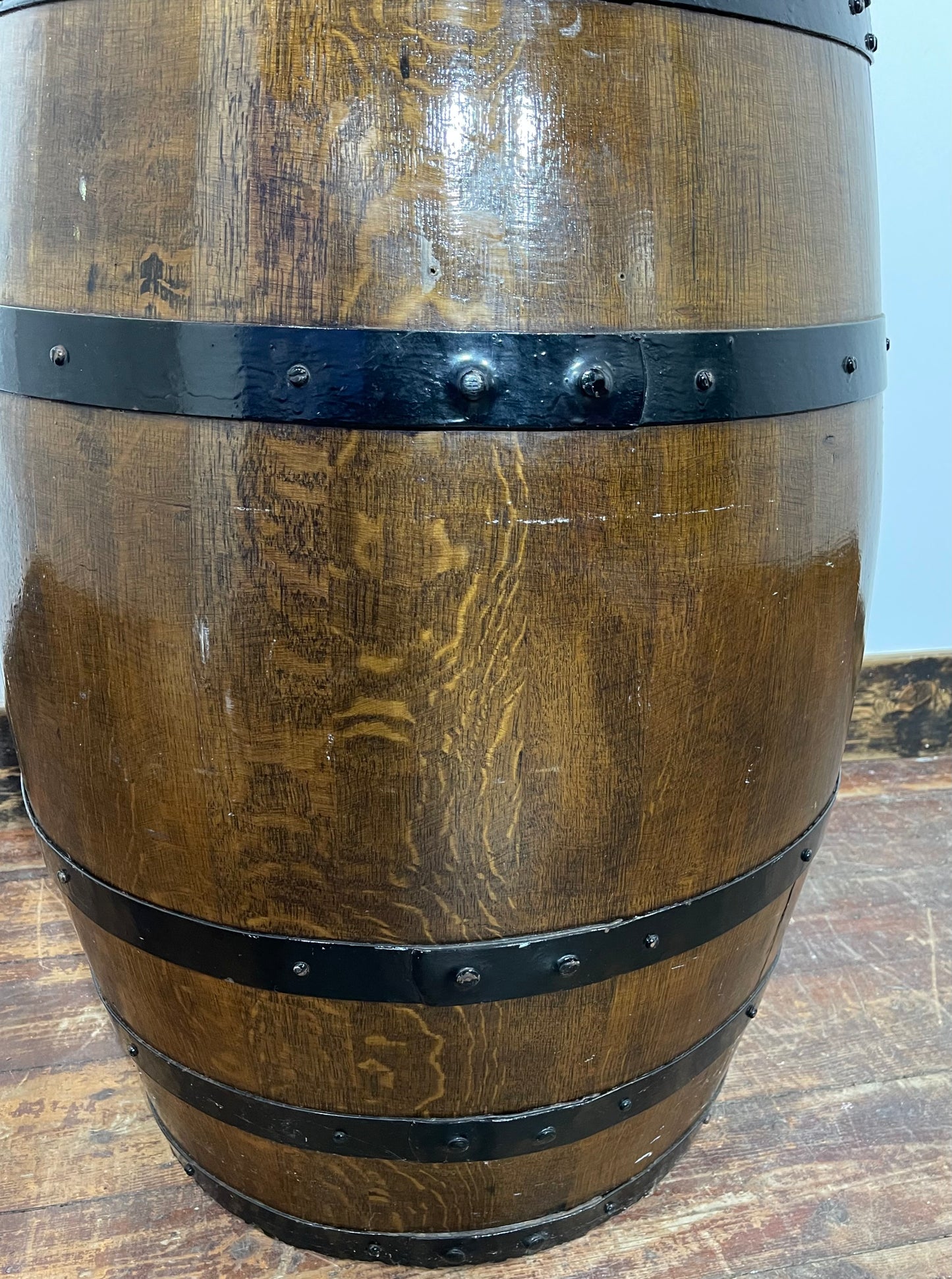 Vintage / retro pub seat in blue leather made from whisky barrel