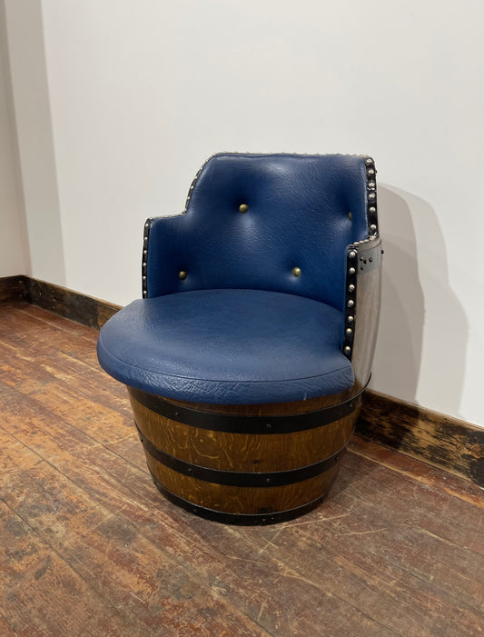 Vintage / retro pub seat in blue leather made from whisky barrel