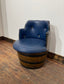 Vintage / retro pub seat in blue leather made from whisky barrel