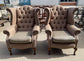Pair of matching wingback armchairs in light brown / beige fabric