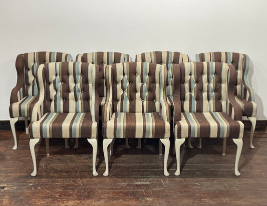 Matching set of 7 Chesterfield style dining chairs in striped fabric
