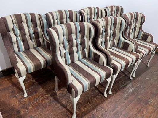 Matching set of 7 Chesterfield style dining chairs in striped fabric