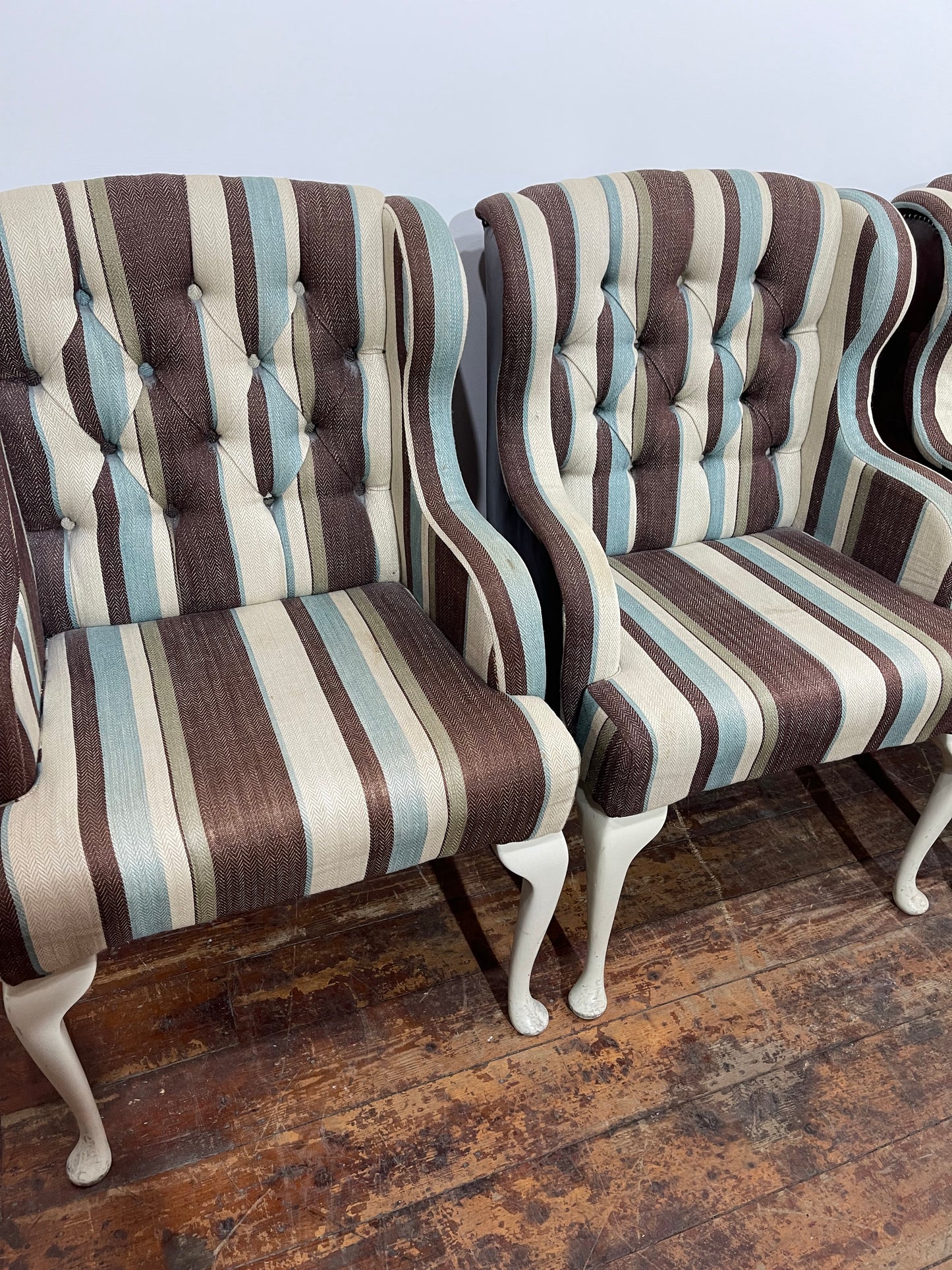 Matching set of 7 Chesterfield style dining chairs in striped fabric
