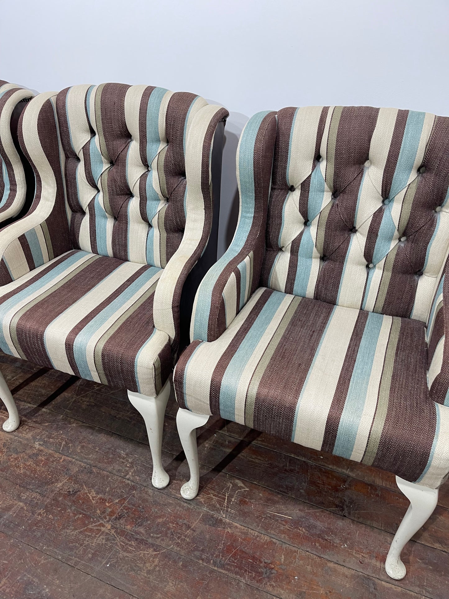 Matching set of 7 Chesterfield style dining chairs in striped fabric