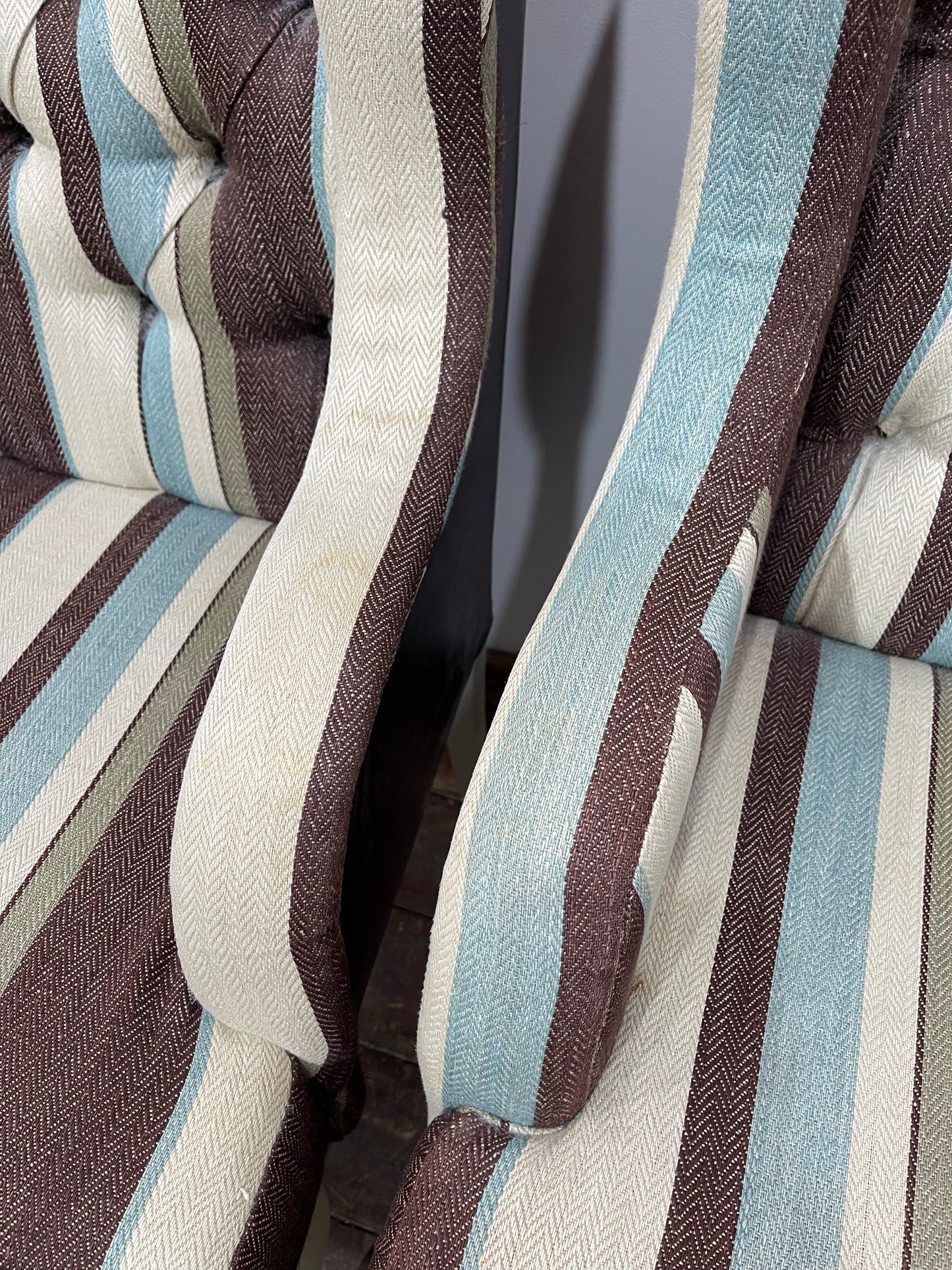 Matching set of 7 Chesterfield style dining chairs in striped fabric
