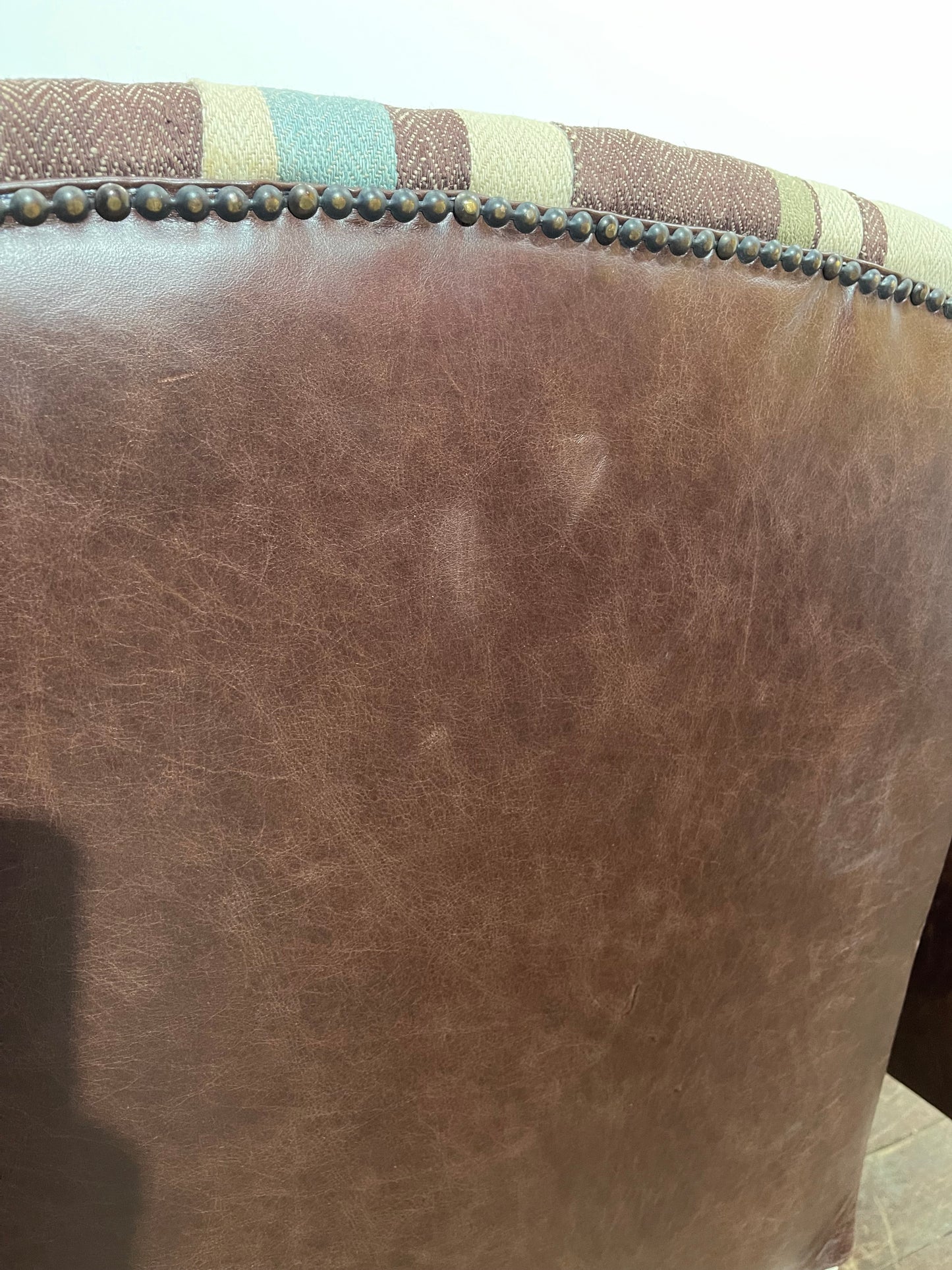 Matching set of 7 Chesterfield style dining chairs in striped fabric
