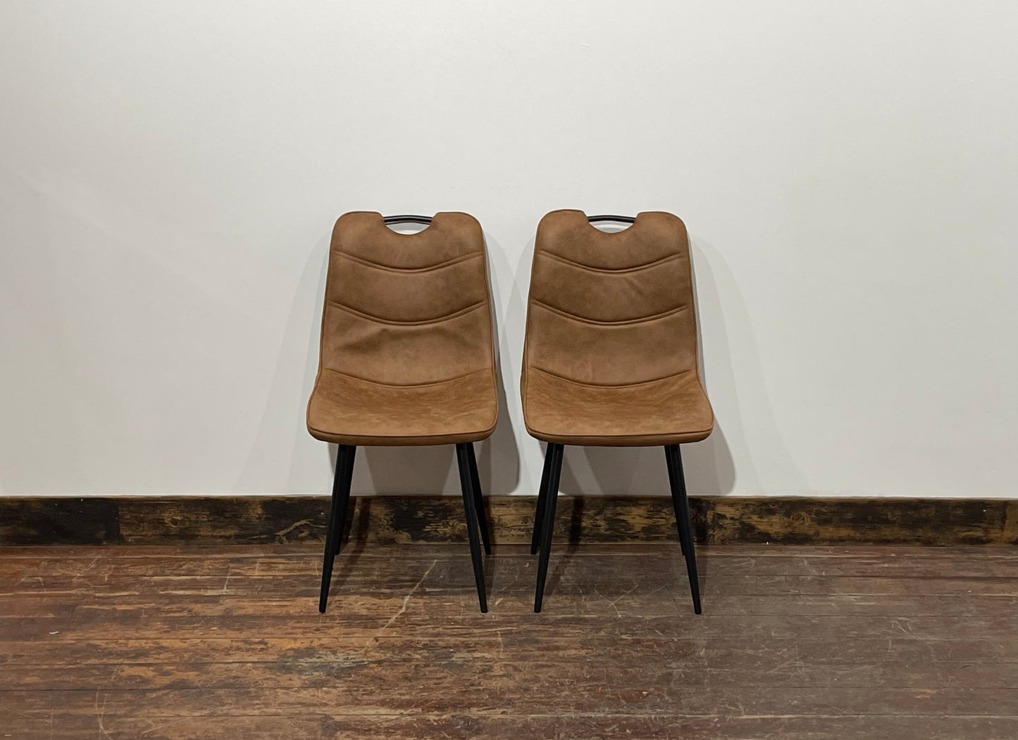 Pair of stylish dining chairs in tan suede-effect fabric