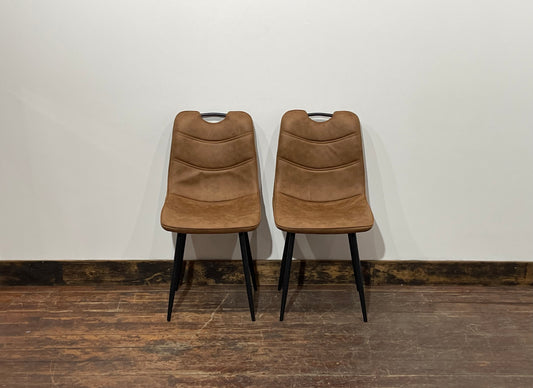 Pair of stylish dining chairs in tan suede-effect fabric