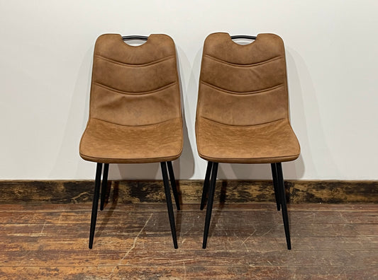 Pair of stylish dining chairs in tan suede-effect fabric
