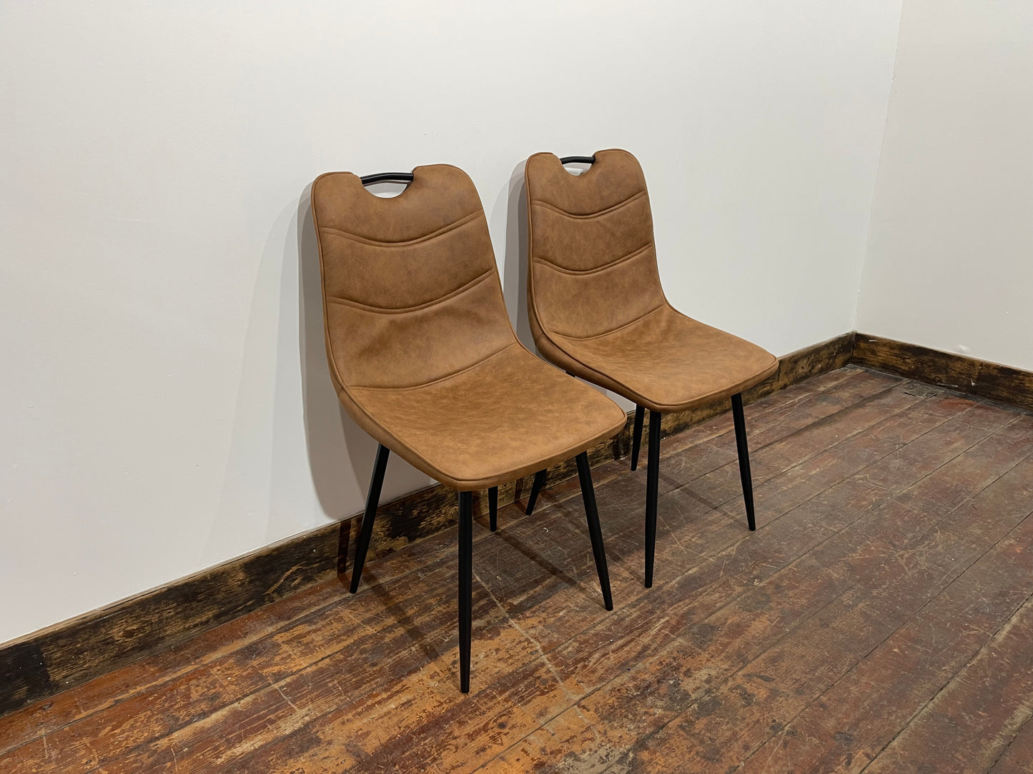 Pair of stylish dining chairs in tan suede-effect fabric