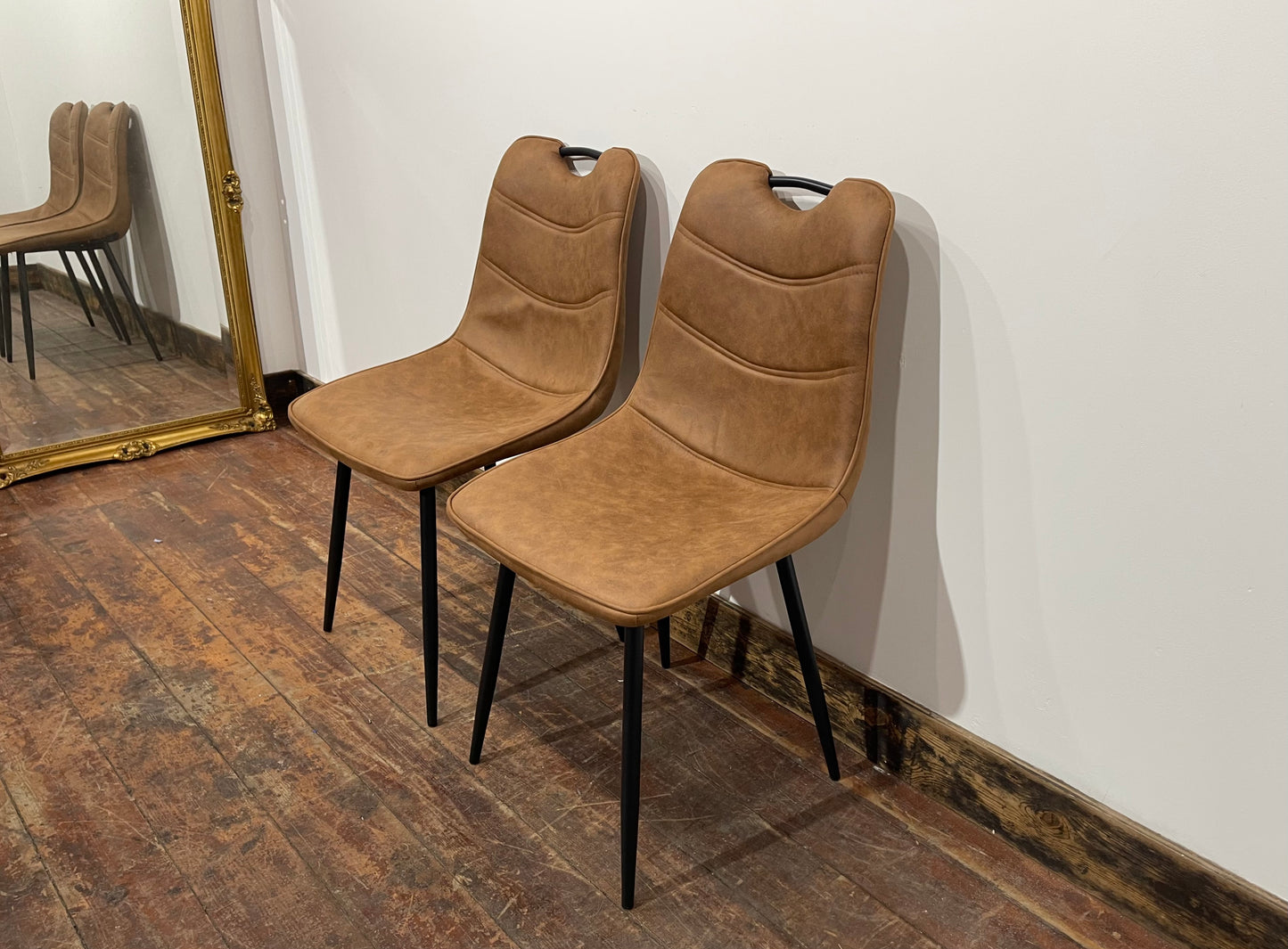 Pair of stylish dining chairs in tan suede-effect fabric