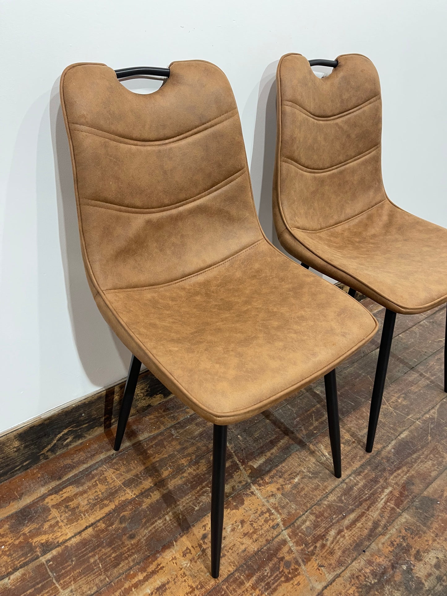 Pair of stylish dining chairs in tan suede-effect fabric