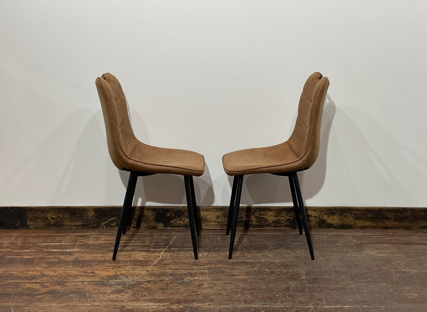 Pair of stylish dining chairs in tan suede-effect fabric